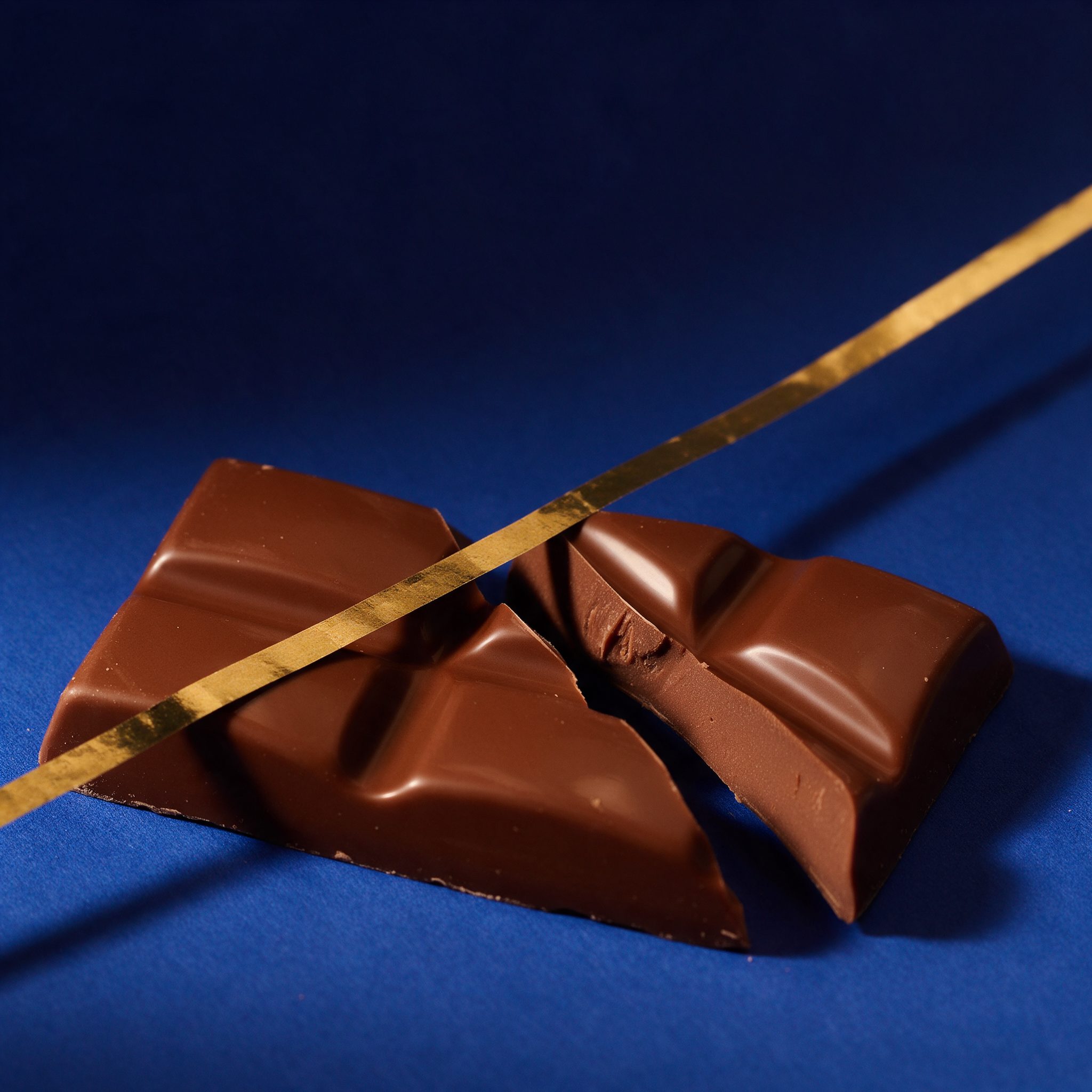 A snapped milk chocolate tablet on blue paper, crossed by a ribbon of gold foil
