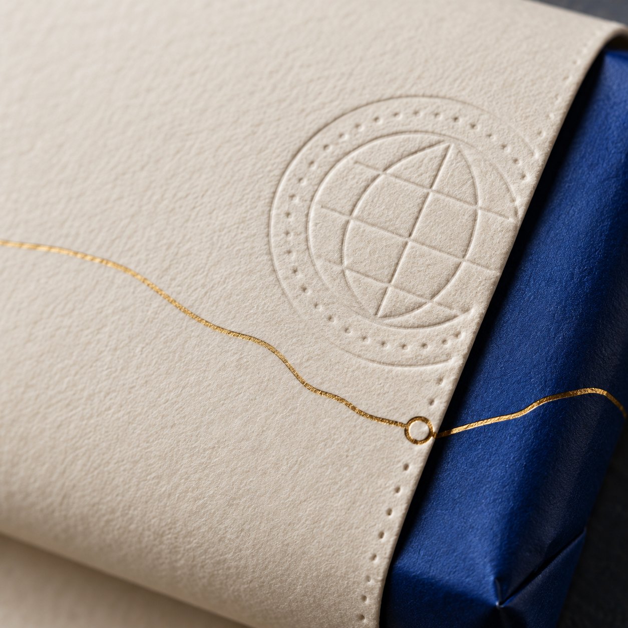 Macro of ivory cotton paper with a blind-embossed globe and a gold foil line