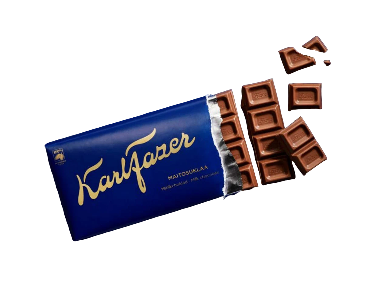Karl Fazer milk chocolate, the original Fazer Blue bar, opened with pieces broken off