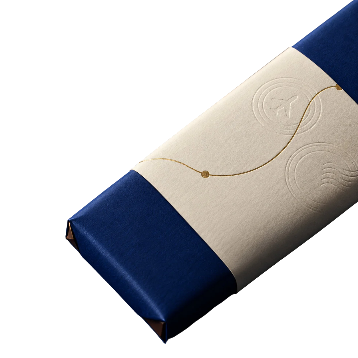 A chocolate bar in Fazer blue paper, wrapped in an ivory cotton sleeve with a gold-foil route
