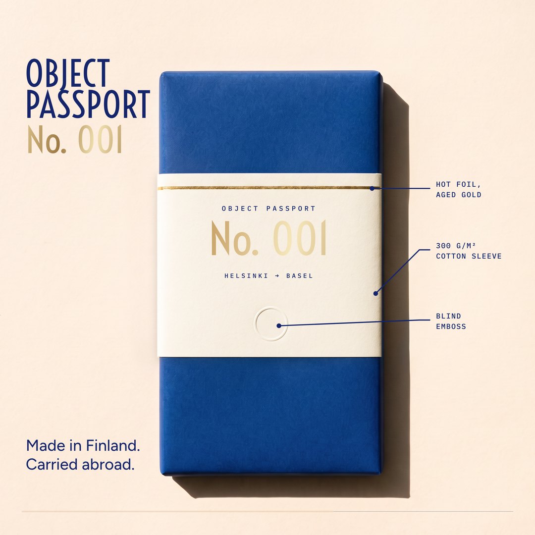 The object passport sleeve on the bar, with spec callouts