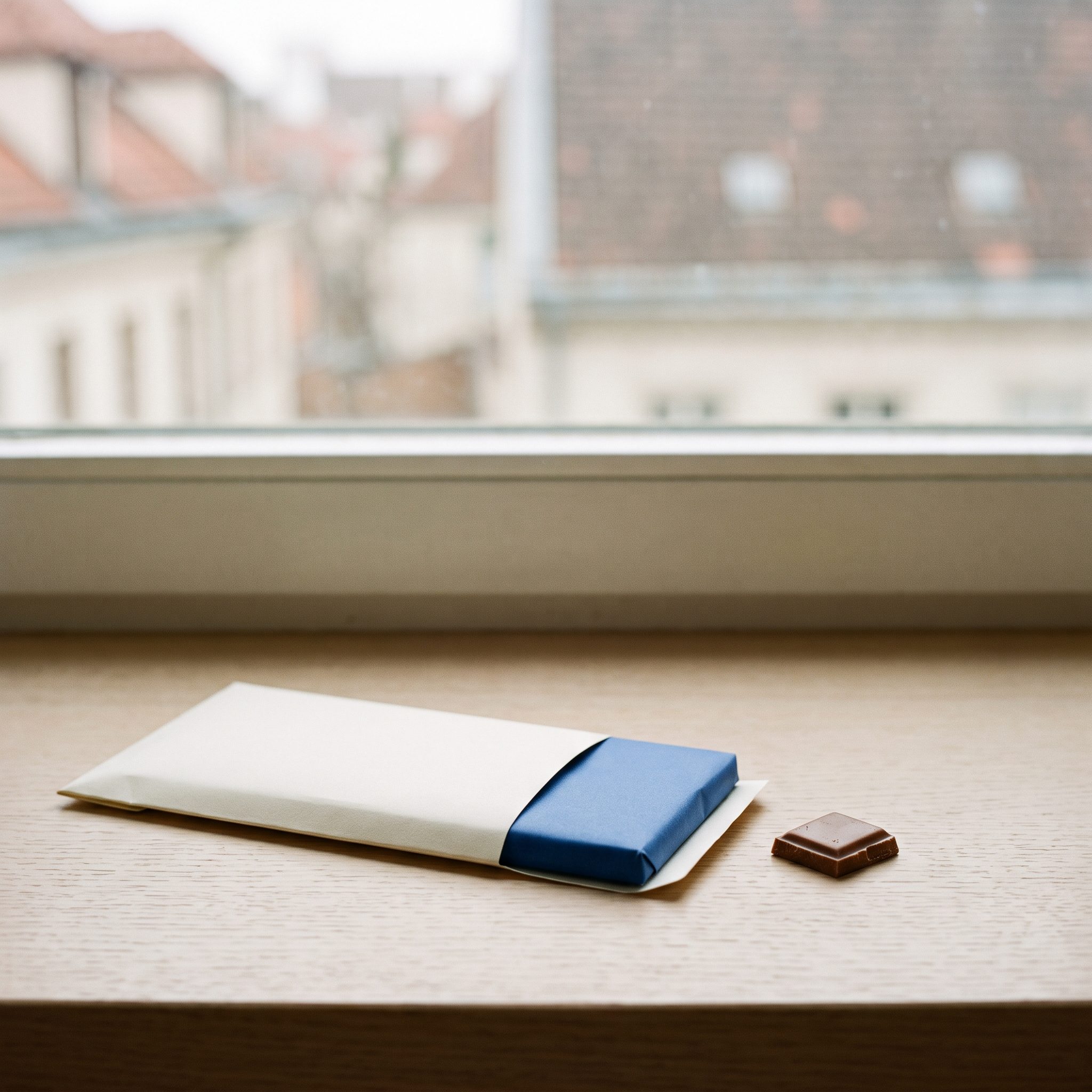 The sleeved bar on a windowsill above old European rooftops