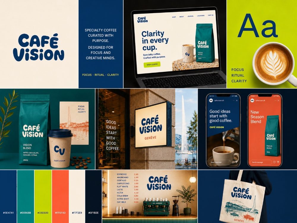 The chosen direction: Café Vision identity board
