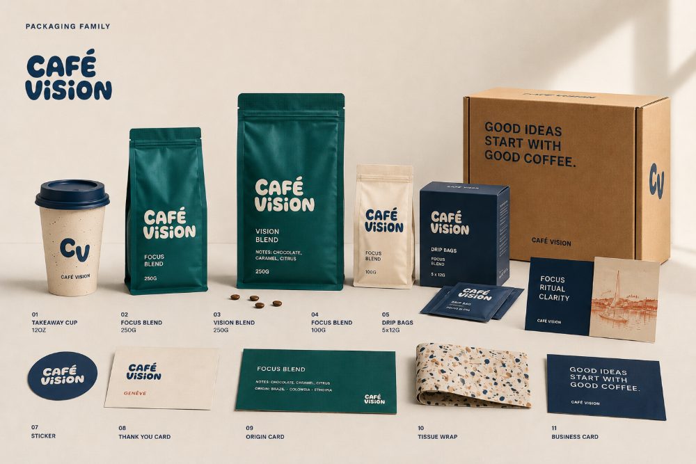 Packaging family: bags, cups, boxes