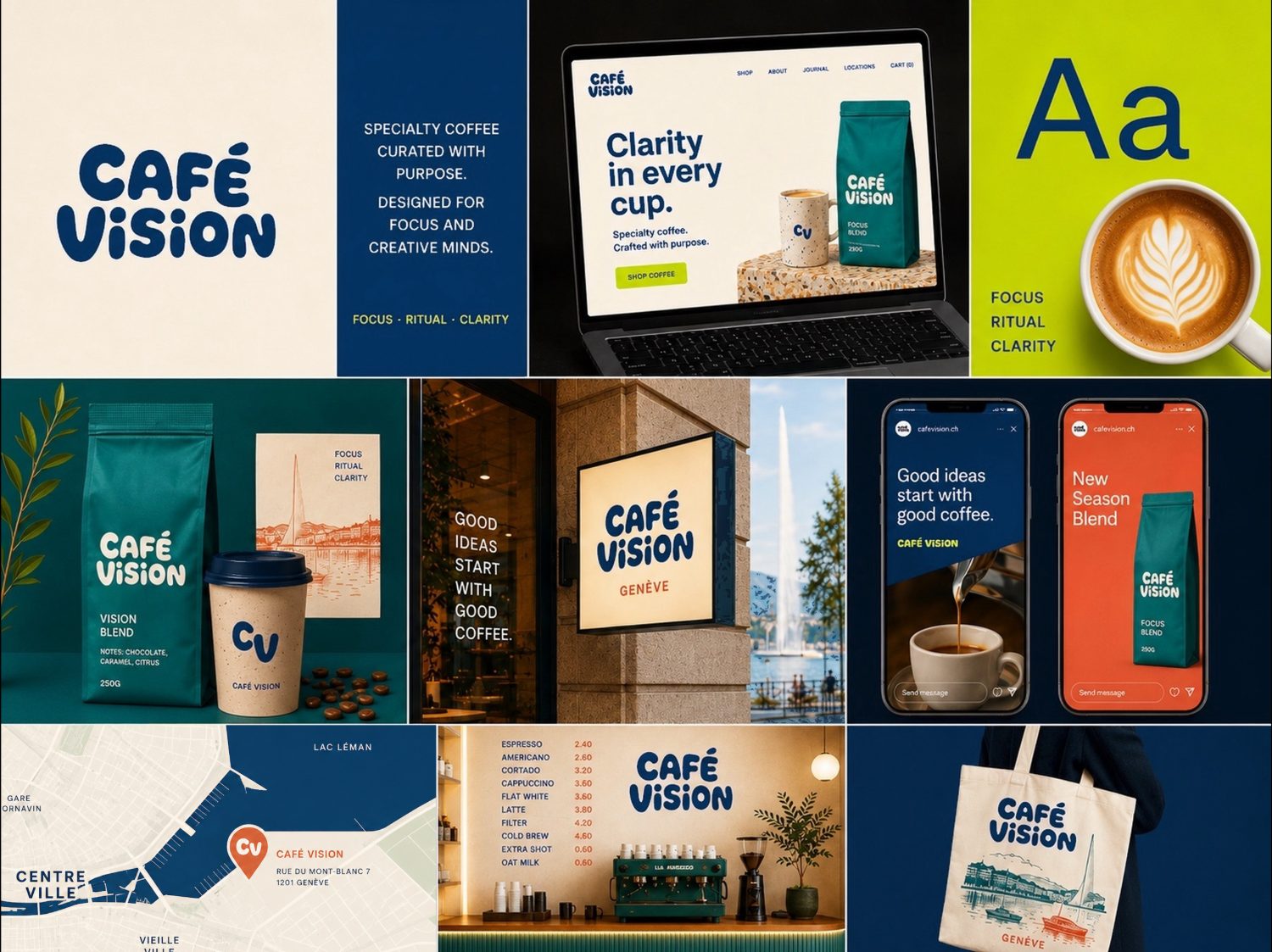 The Café Vision master system sheet: identity, packaging, digital and print applications
